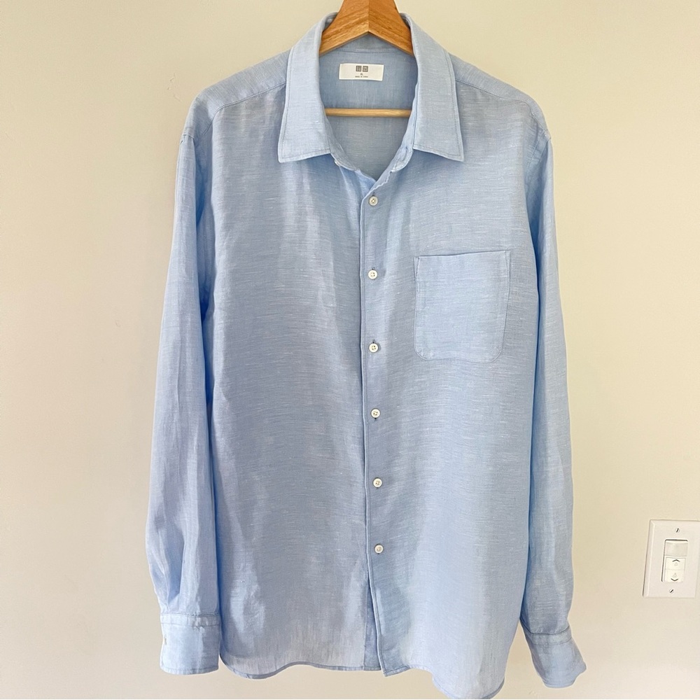 Uniqlo Linen Shirt Classic Fit Light Blue Shirt, Size XL - Picture 2 of 9